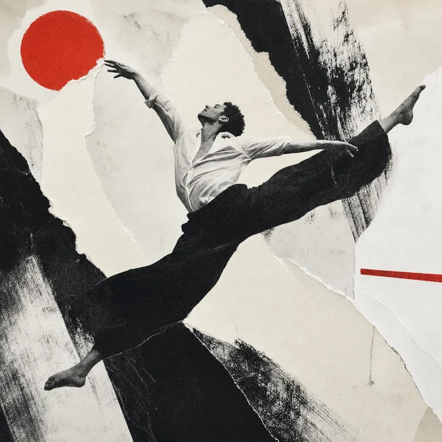 Mixed-media art: Dancer and torn-paper rhythmic shapes