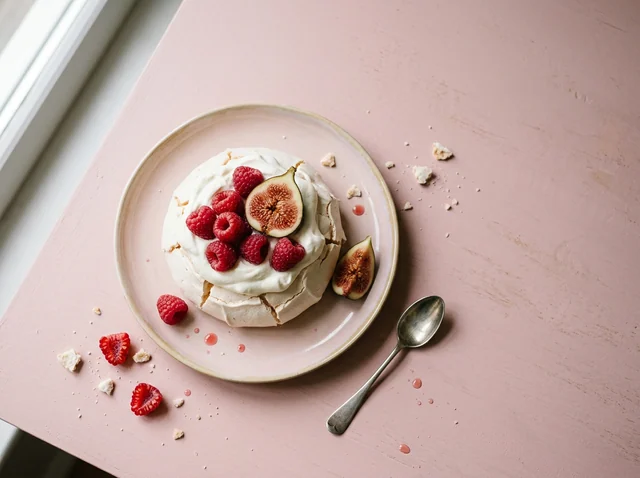 Food still life: Raspberry pavlova and cut figs