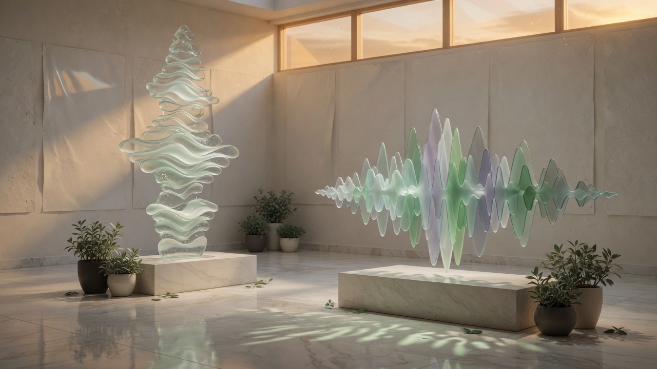 Glass sound-wave sculptures in a sunlit exhibition hall