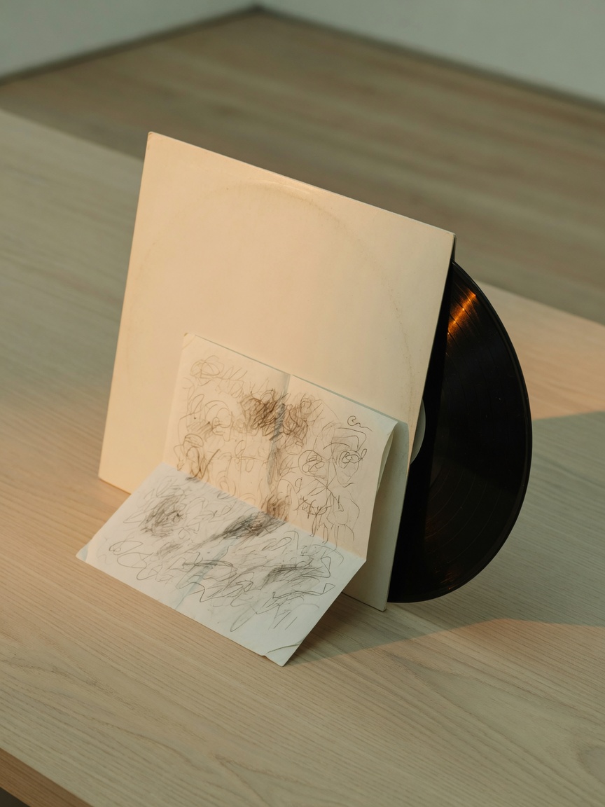 Cream vinyl sleeve with a lyric sheet and a record catching warm gallery light